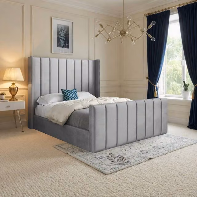 KDMD Strumpshaw Winged Upholstered Designer Bed Frame in Grey Soft Velvet, Size: Single (W: 90 cm, D: 200 cm, H: 137 cm) – 1