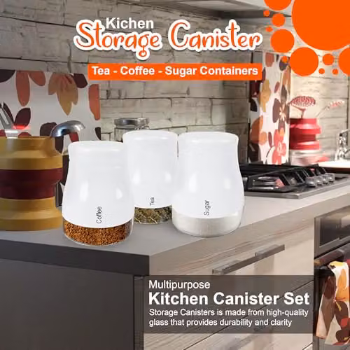 ATEK Set of 3 Airtight Glass Kitchen Storage Canisters with White Screw Lids for Tea, Coffee and Sugar – 4