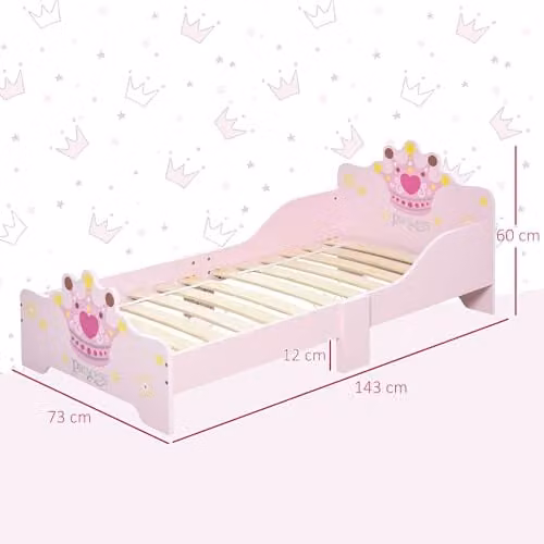 HOMCOM Kids Wooden Princess Crown and Flower Single Bed with Safety Side Rails in Pink, W/D/H: 140 x 70 x 73 cm – 2