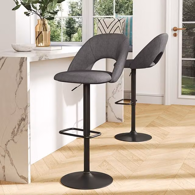Livingandhome Set of 2 Grey Linen and Metal Swivel Breakfast Bar Stools