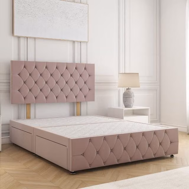 BSSPOKE Mulberry King Size Velvet Divan Bed with 24 inch Headboard and 2 Drawers, Pink, W/D/H: 180 x 200 cm
