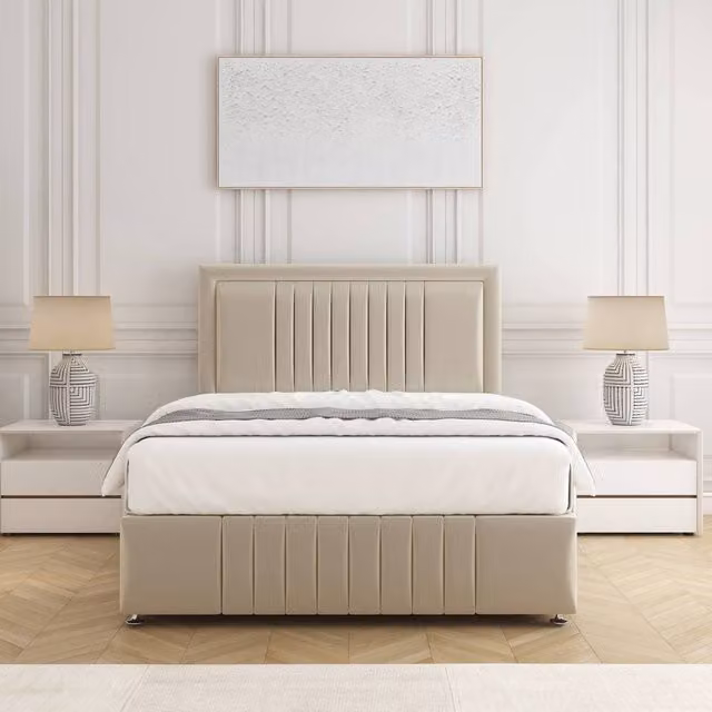 BSSPOKE Lily Double Divan Bed with 24 inch Headboard and Mattress in Beige Plush Velvet