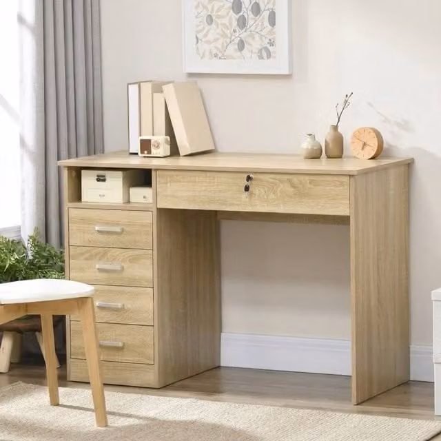 STILVORA Computer Desk with Locking Drawer and Storage Shelf in Light Oak