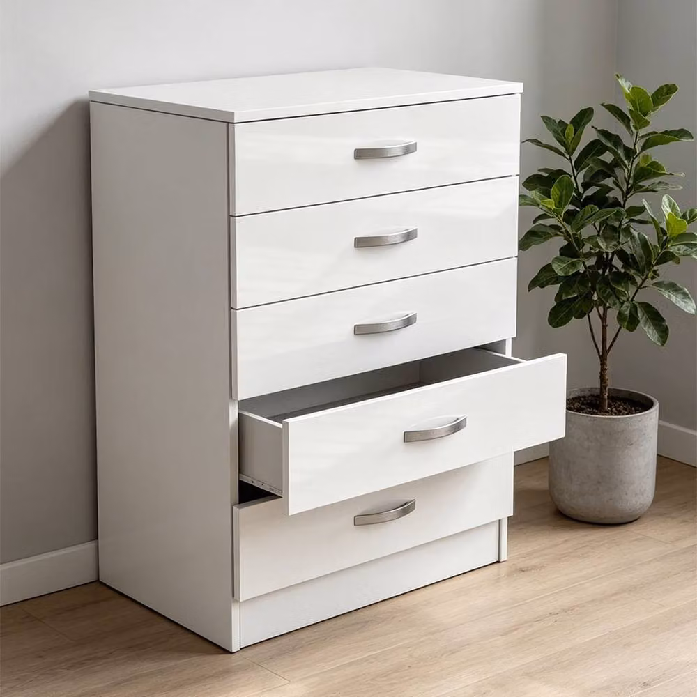 Ventryn High Gloss 5 Drawer Tall Wide Chest of Drawers in White – 2
