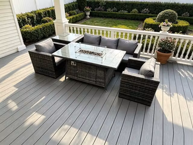 Fimous Outdoor PE Rattan Garden Furniture Set with Gas Fire Pit Dining Table, Armchairs and Side Coffee Table in Dark Grey – 1