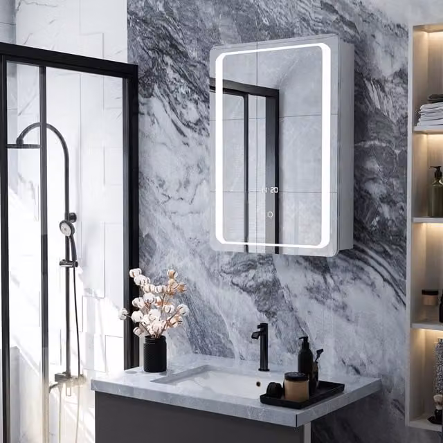 Livingandhome Modern Wall-Mounted LED Bathroom Mirror Cabinet in Silver