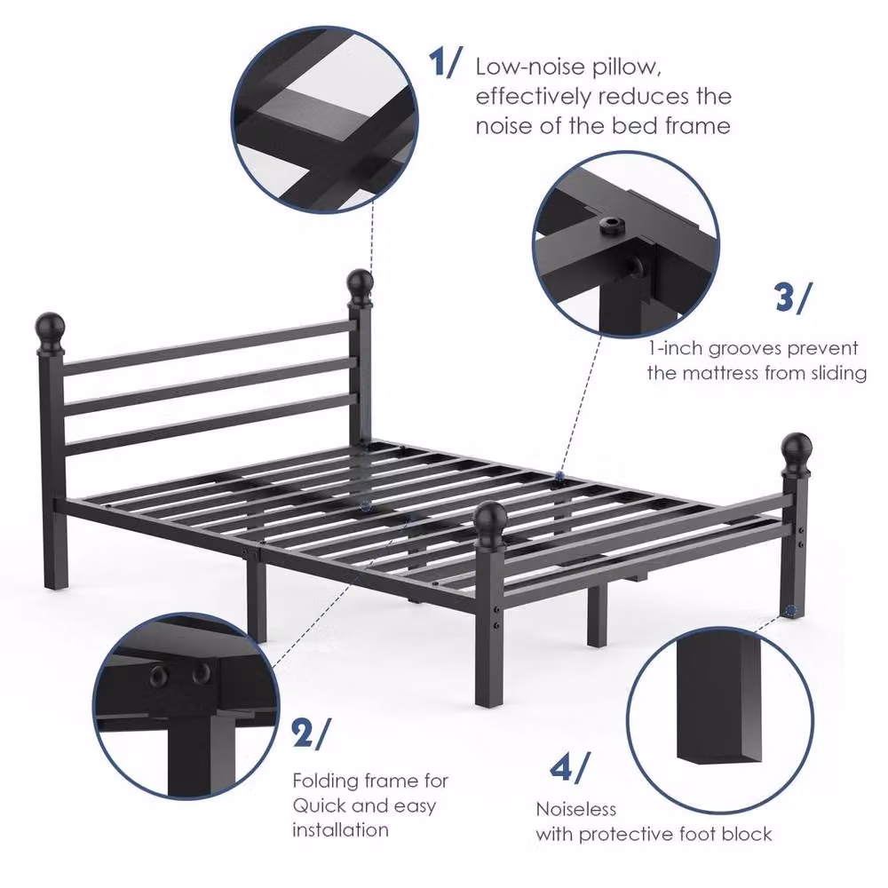 Kelvenix Heavy Duty Metal Double Bed Frame with Headboard and Footboard in Black, W/D/H: 140 x 200 cm – 2