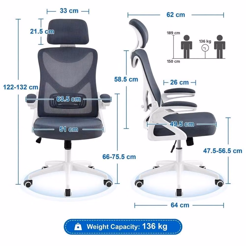Kelvenix High Back Mesh Gaming and Office Chair in Black and White with Headrest and Armrests – 2