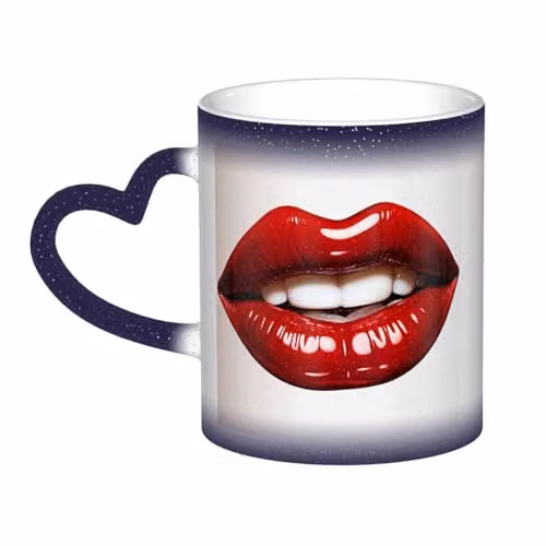 Oudrspo Heat Sensitive Red Lips Graphic Coffee Mug, Black Ceramic Tea Cup, 12 oz