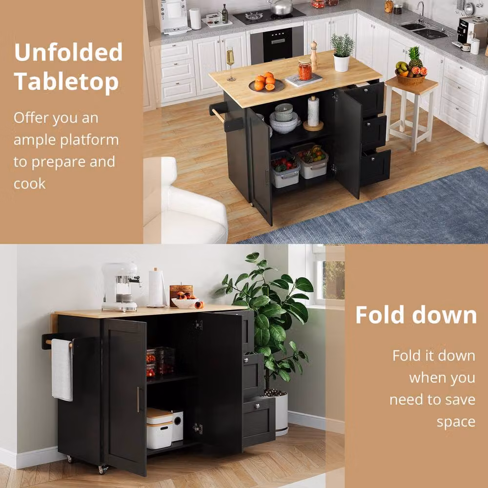 Matteo Modern Kitchen Island on Wheels with Foldable Tabletop and 3 Drawers, Black MDF – 3
