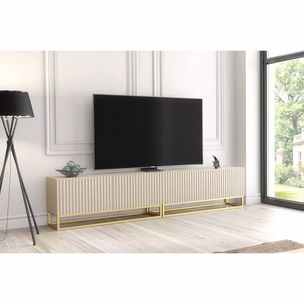 Creative Furniture Ripple Duo TV Unit in Cashmere Warm Beige Taupe with Gold Finish, W: 200 cm, D: 45 cm, H: 35 cm