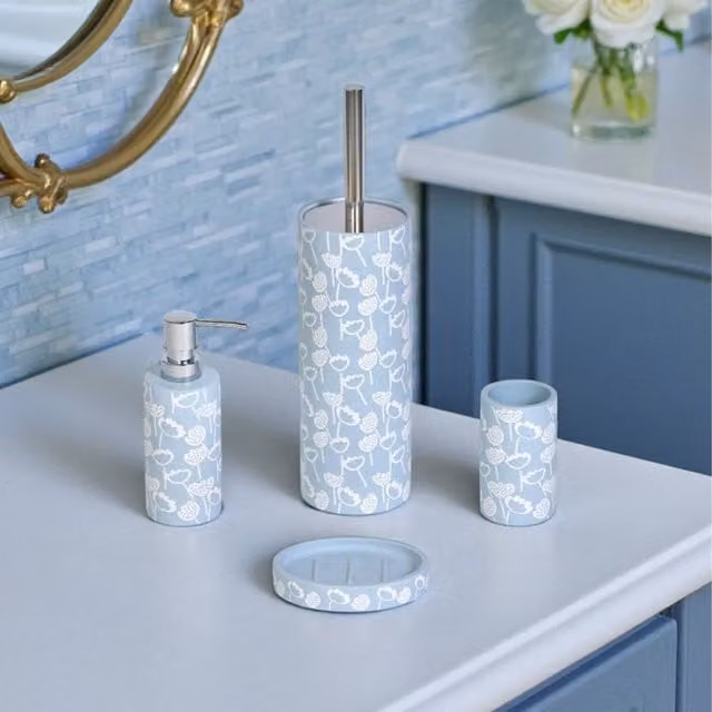 Showerdrape 4 Piece Ceramic Bathroom Accessory Set in Light Blue Floral, including Soap Dispenser, Soap Dish, Tumbler and Freestanding Toilet Brush – 1
