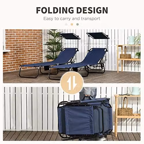 Outsunny 2 Piece Folding Sun Loungers with Canopy in Dark Blue – 6