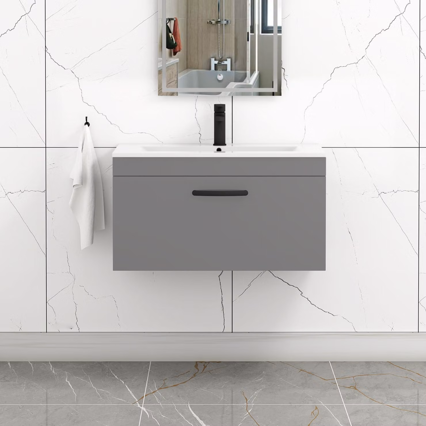 Royal Bathrooms Turin 800mm Wall Hung Vanity Sink Unit in Indigo Grey Gloss with Matt Black Handle