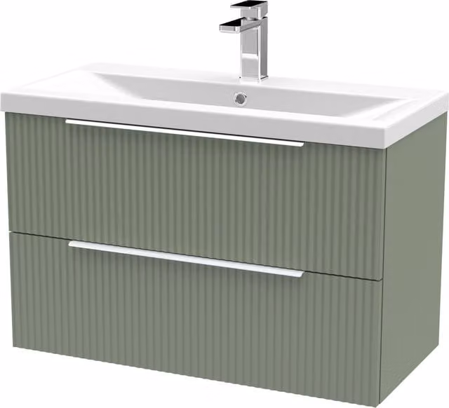 Balterley Fluted Wall Hung 2 Drawer Vanity Basin Unit and Basin, Satin Green, Width: 80 cm