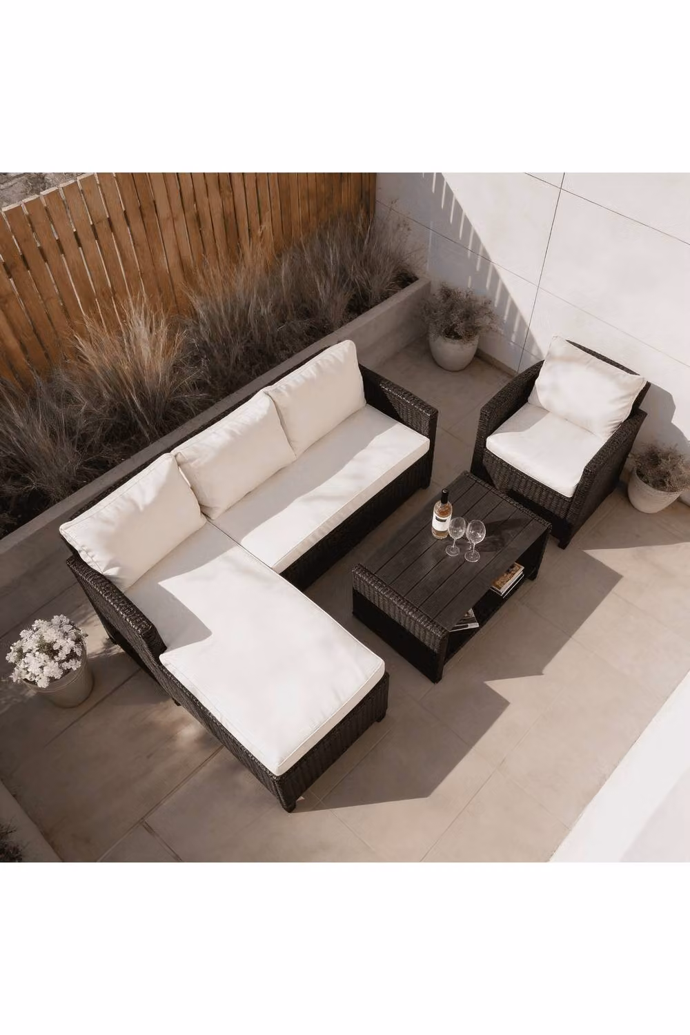 Home Source Trapani 4 Piece L-Shape Garden Patio Furniture Set with Corner Sofa, Table and Chairs in Black and Grey – 2