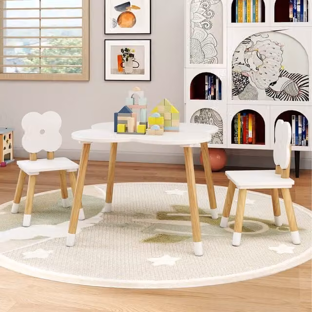 Costway White Flower-Shaped Kids Table and Three Chairs Set Made of Pine Wood