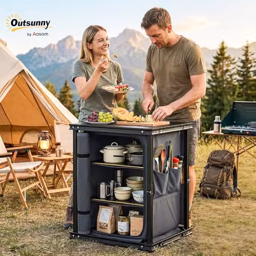 Outsunny Folding Portable Camping Kitchen Table and Cupboard in Black – 2