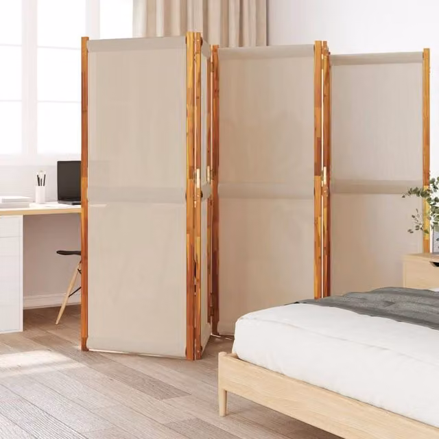 Berkfield Home 5-Panel Acacia Wood Room Divider in Beige, W: 350 cm, H: 180 cm