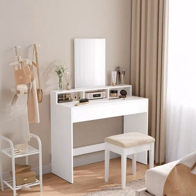 VASAGLE Modern Dressing Table with Large Rectangular Mirror in White