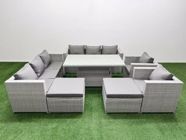 Fimous 7 Piece Rattan Dining Set with 3 Seater Sofa and Rising Table in Light Grey