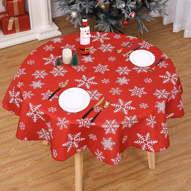 London Boutique Red Snowflake Design Christmas Tablecloth, Washable Polyester Round Table Cover – 1