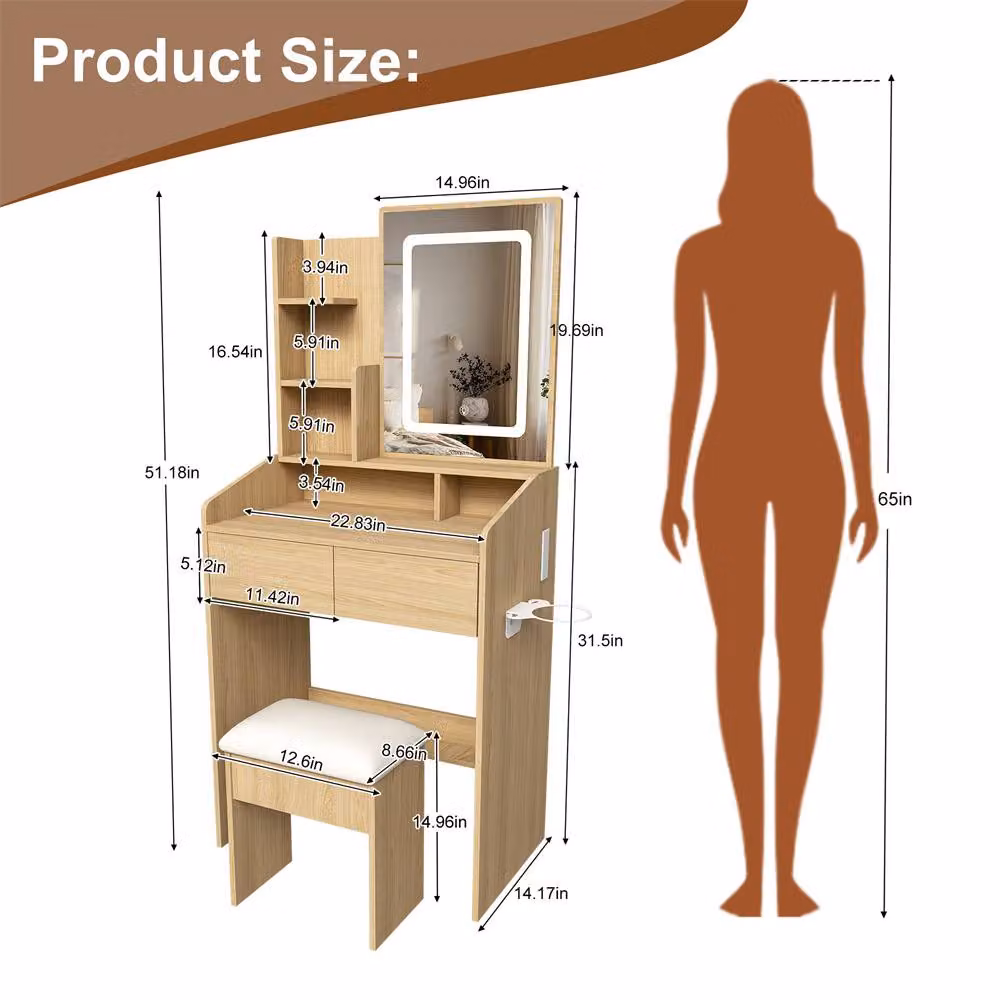 Direct Wicker Modern Rectangular Makeup Vanity Desk with 3 LED Lights, Hair Dryer Stand and Storage Rack in Brown – 2