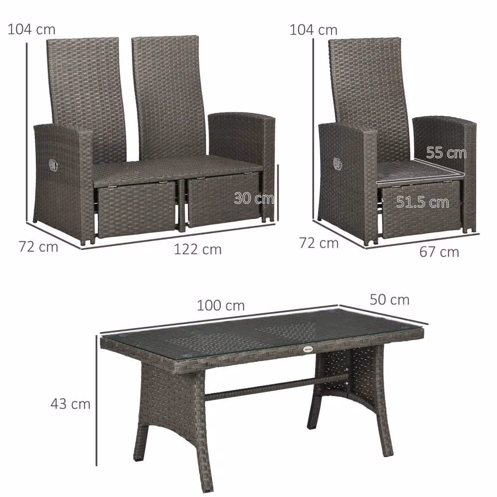 Wyld Haus Grey 4 Seater Rattan Outdoor Sofa Set with Reclining Chairs and Glass Table – 3