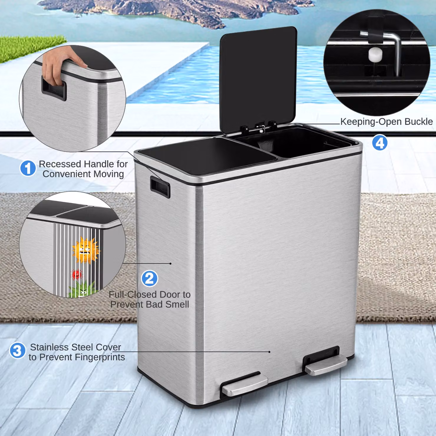 Gymax 60L Double Recycling Pedal Bin with Removable Plastic Inner Buckets in Silver – 4