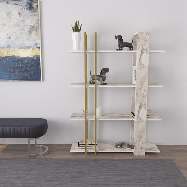 Decorotika Onno 4-Tier Modern Bookcase in White and Gold