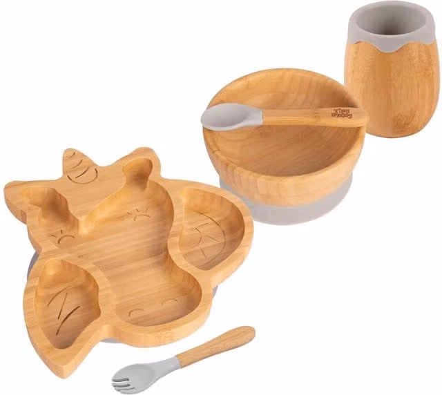 Tiny Dining 5-Piece Bamboo and Silicone Unicorn Baby Weaning Set in Grey