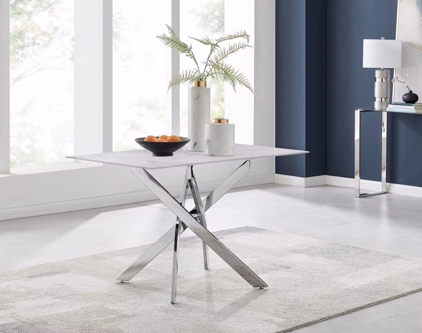 FurnitureboxUK Leonardo White Glass Marble Effect Table with Silver Legs and 4 Lorenzo Grey Chairs – 2