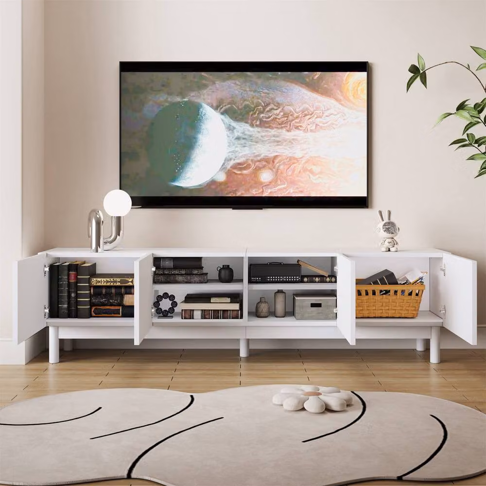 Merax White Low TV Stand with Four Push-to-Open Doors and Solid Wood Legs, W: 169 cm, D: 45.5 cm, H: 45.5 cm – 3