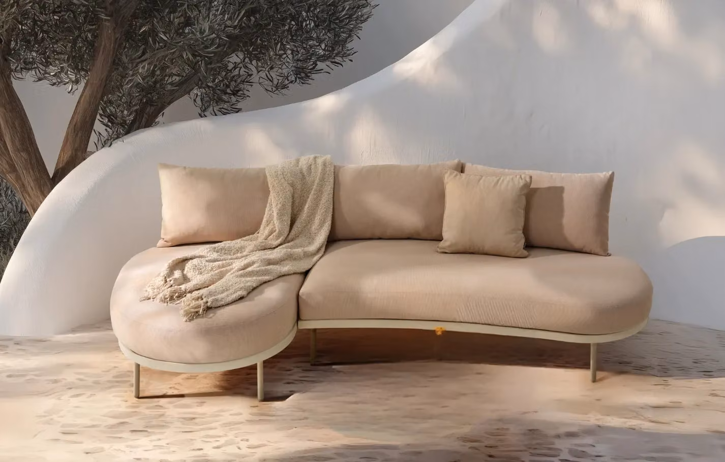 MINT Essentials Kiki Beige 3-Seater L-Shape Outdoor Chaise Sofa with UV-Resistant Olefin Cushions and Powder-Coated Aluminium Frame