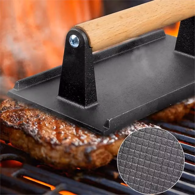 KORVIXA Cast Iron Grill Press with Wood Handle in Black, W/D/H: 15 x 15 x 10.5 cm