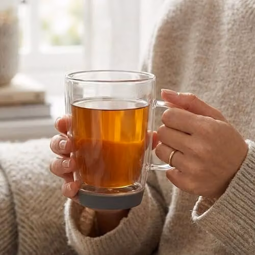 Orsina Double Walled Glass Mug, 350ml, Transparent and Grey with Silicone Base – 4