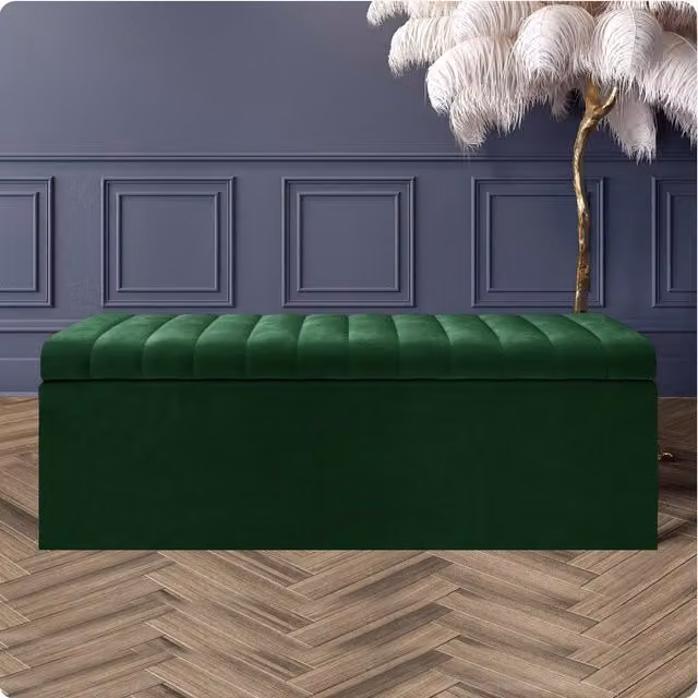 R&M Furnishers Safar Ottoman Storage Box, Striped Plush Velvet Upholstered Blanket Chest in Forest Green