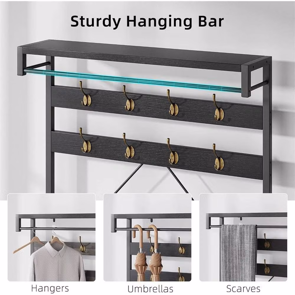 ERGOVEXA Industrial Metal Hall Tree Shoe Bench with 8 Hooks in Black and Brown – 3