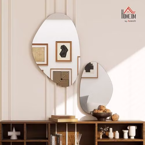 HOMCOM Set of 2 Modern Pebble-Shaped Wall Mirrors with Black Metal Frames – 2
