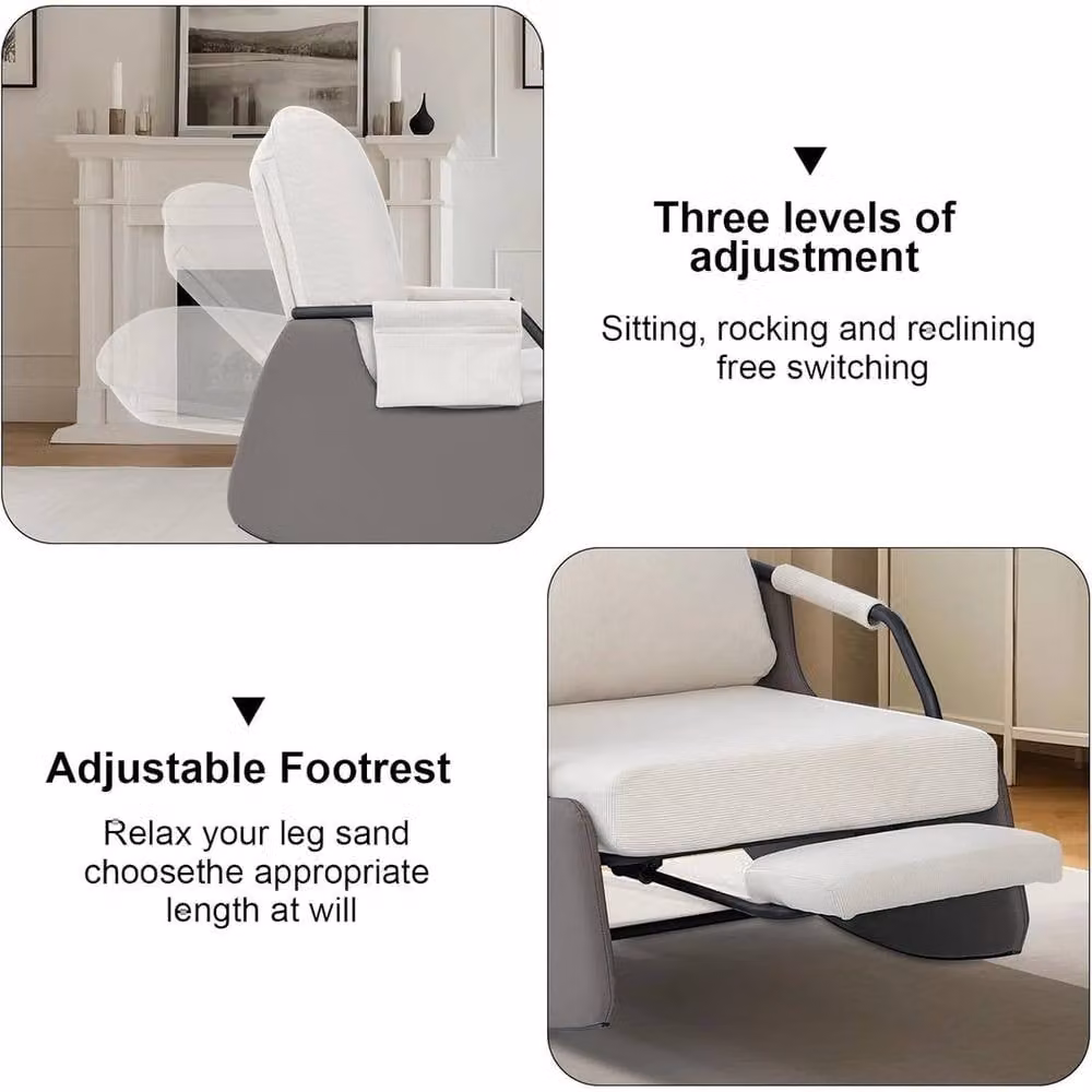 VOGREX White Fabric Armchair Glider with Manual Reclining Lever and Adjustable Backrest and Footrest – 3
