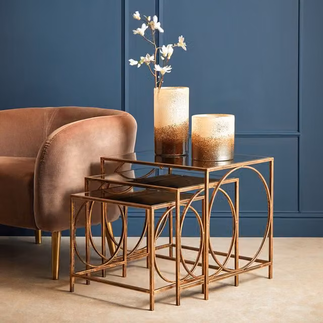 Orsina Geometric Design Nest of 3 Tables in Brown with Glass and Metal Tops