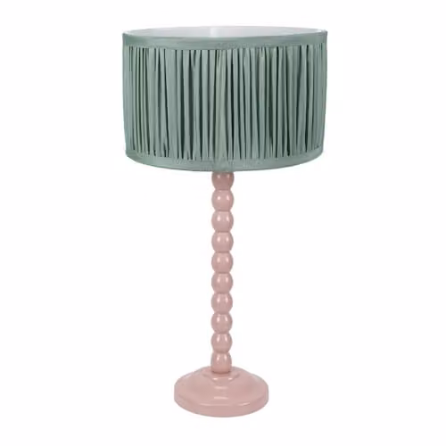 ValueLights Rose Pink Bobbin Stem Table Lamp with Green Ruched Pleated Fabric Shade and LED Bulb