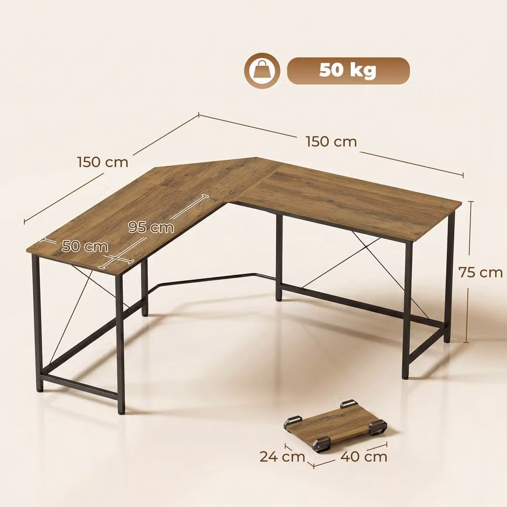 HOMCOM Modern L-Shape Corner Computer Desk and Gaming PC Workstation in Brown – 3
