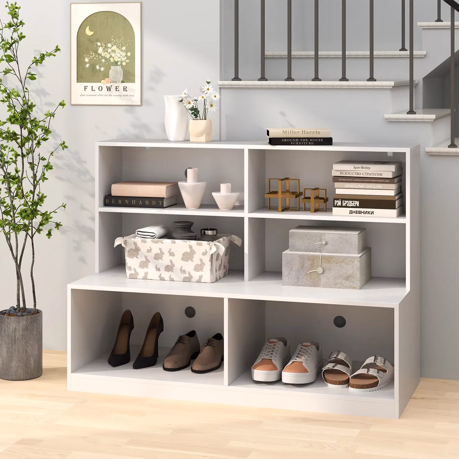 Costway 2-in-1 Entryway Shoe Cabinet and Shoe Bench Combo in White – 3