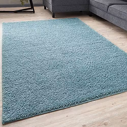 THE RUGS Shaggy Soft Plain High Pile Rug in Duckegg Blue, W/D/H: 180 x 270 x 1 cm – 1