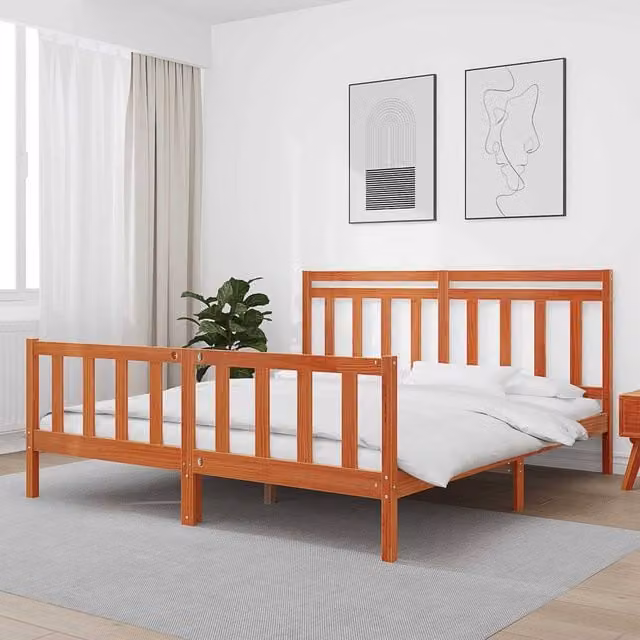Berkfield Home Modern Solid Pine Bed Frame with Headboard, Wax Brown, W/D/H: 205.5 x 185.5 x 100 cm