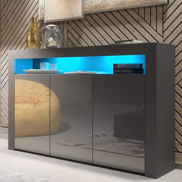 PAWNORA Modern Glossy Grey Sideboard TV Stand with Integrated Lighting