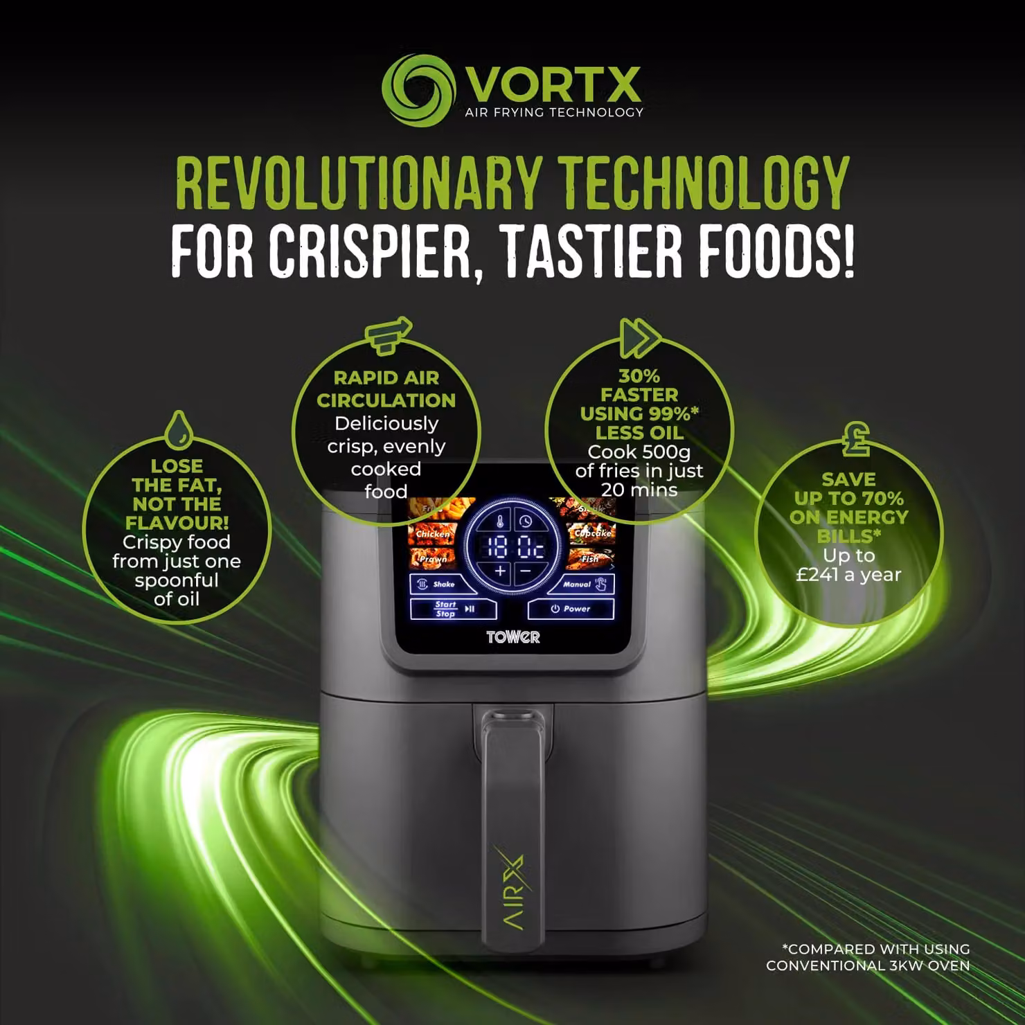 Tower T17166 AIRX 5L Digital Single Basket Air Fryer with A.I. and Vortex Technology, 1500W, Grey – 6
