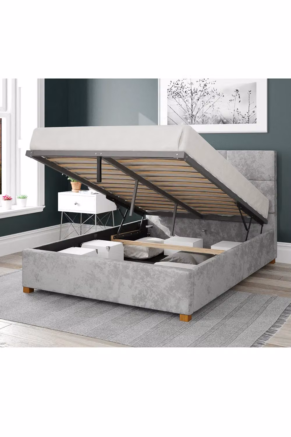 Aspire Caine Upholstered Ottoman Storage Bed in Silver Velvet Fabric, W/D/H: 140 x 200 cm – 2