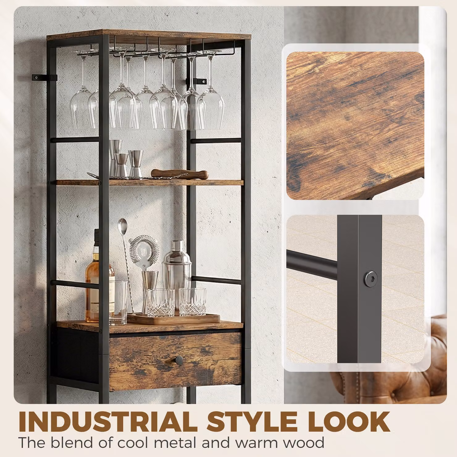 HOMCOM Industrial Freestanding Wine Bar Cabinet with 16-Bottle Rack and Glass Holder in Rustic Brown, W: 60 cm, D: 29 cm, H: 148.5 cm – 6